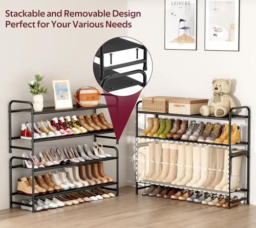 SLEEPING LAMB Long 2-Tier Shoe Organizer for Closet, Stackable Wide Shoe Rack Holds 18-Pairs Low Shoe Shelf Storage for Bedroom, Floor, Entryway(Black) - color: Black, size: 11.4 x 42.5 x 18.7