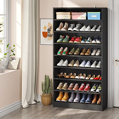 Tribesigns Tall Shoe Cabinet, 9 Tiers 40-45 Pairs Heavy Duty Wood Freestanding Shoe Storage Cabinet, 70.8'' Tall Shoe Cabinet with Open Storage for Entryway (1, Black) - color: Black