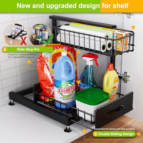 Mlinavn 2 Pack Under Sink Organizer,Pull Out Cabinet Organizer 2 Tier Slide Out Sink Shelf Cabinet Organizer and Storage,Adjustable Under Counter Organizers for Under Kitchen Bathroom Organization