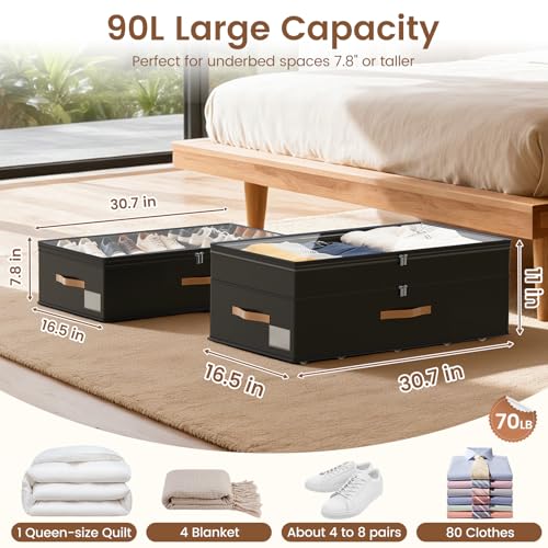 Under Bed Storage with Wheels, 2-Pack Underbed Storage Containers, No Assemble 11 inches 90L XXL Large Adjustable Storage Bins with Clear Lids, Rolling Storage for Clothes, Shoes, Blankets, Black - color: Black