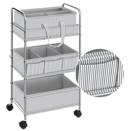WILLBOND 2 in 1 Baby Diaper Caddy Organizer Cart, 3 Tier Large Stripe Bedside Rolling Cart Metal for Baby Essential with Divider for Newborn Registry Must Have Nursery Bedroom Mother Gift(Gray) - color: Gray