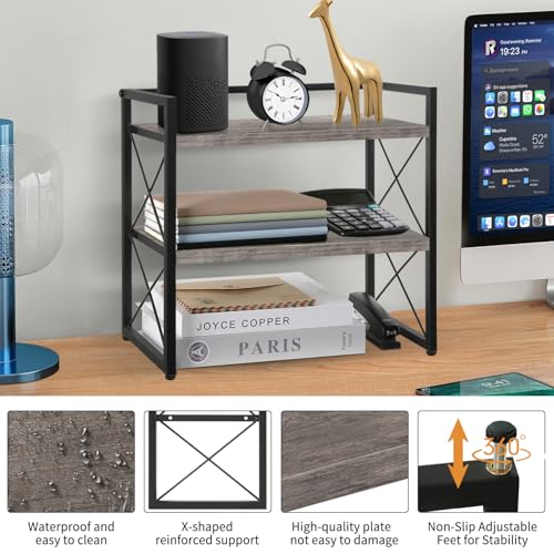 YINMIT Desktop Shelf Organizer, 2 Tier Office Shelves, Wood Desk Organizer Storage Rack and Freestanding Display Shelf for Office, Dormitory, Home (Grey) - color: Grey