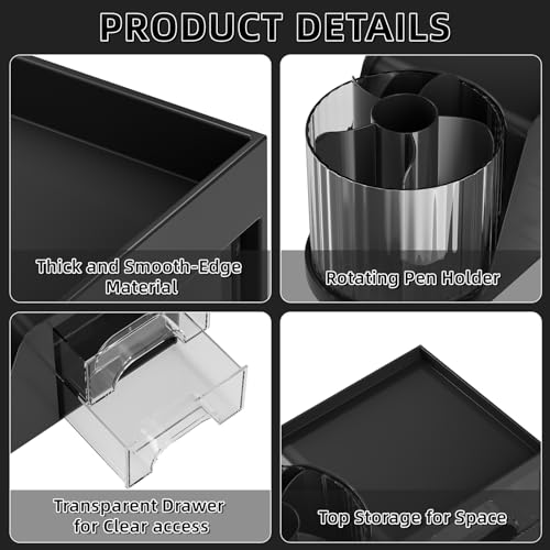 Marbrasse Desk Organizer with 2 Drawer, 360°Rotating Pen Holder, Desk Organizers and Accessories with 6 Slots Pencil Holder + 2 Drawer, Art Supply Storage Box Caddy for Office (Black) - color: Black