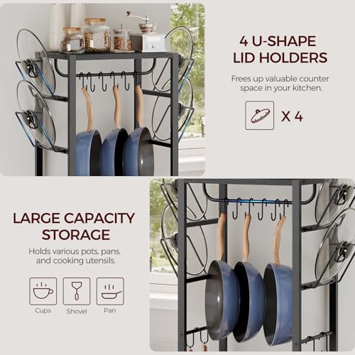MAHANCRIS 4-Tier Pot Rack, Pots and Pans Organizer for Kitchen, Lid Organizer Rack with U-Shaped Lid Holders, Kitchen Storage Shelf for Standing Cookware, Black POBK3001 - color: Black