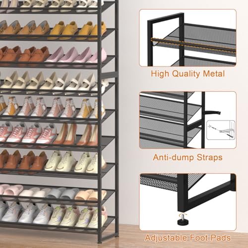 Large Shoe Rack 12 Tier Shoe Organizer, Heavy Duty Metal 6-Tier Stackable Shoe Storage Vertical Shoe Rack for Closet Front Door Entrance, Up to 75 Pairs, 44.8" W x 11.4" D x 85.1" H, Black - color: Black, size: 12 Tier