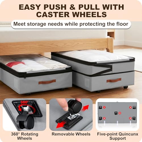 2 Pack Under Bed Storage with Wheels, Adjustable-Height Rolling Storage Containers with Clear Lids, 76L XXL Durable Underbed Organizer Bins for Clothes, Shoes, Blankets, Bedroom, Dorm, Closet - Gray