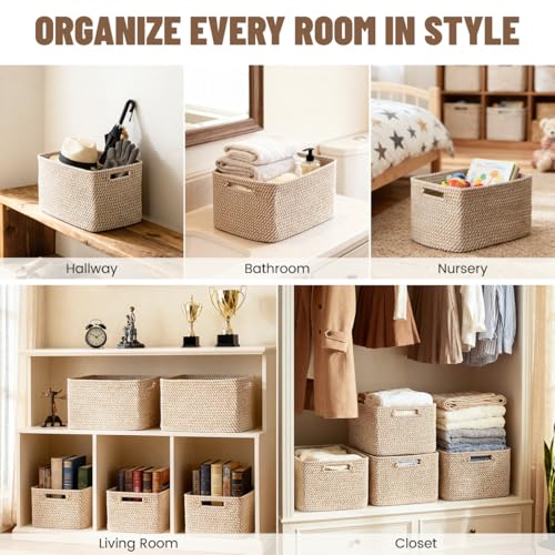 5 Pack Woven Storage Baskets for Shelves, Decorative Basket Organizer Storage Bins for Toys, Books, Clothes, Closet, Nursery, Bathroom – Cotton Rope Shelf Baskets for Organizing and Decor, Khaki - color: Khaki