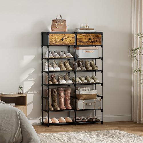 Tall Shoe Rack, 8 Tier Shoe Rack Organizer with 2 Large Drawers, Shoe Storage for 28-32 Pairs, Sturdy Metal Shoe Shelf Shoe Stand for Closet Entryway, Rustic Brown and Black - color: Rustic Brown and Black, size: 8 Tier