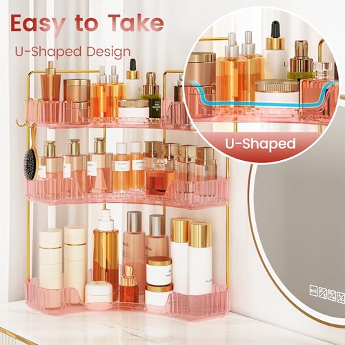 Corner Bathroom Counter Organizer 3-Tier Bathroom Organizer Countertop with Hooks Perfume Organizers Storage Shelf for Makeup & Skincare Dresser-Pink - color: Pink, size: 3 Tier