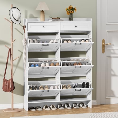 Thacuok Shoe Cabinet with 6 Flip Drawers & 2 Storage Drawers, Rustic Farmhouse Narrow Shoe Organizer Cabinet, Slim Shoe Rack Cabinet, Shoe Storage Cabinet for Entryway, Hallway, Front Door - color: White, size: 6 Drawers