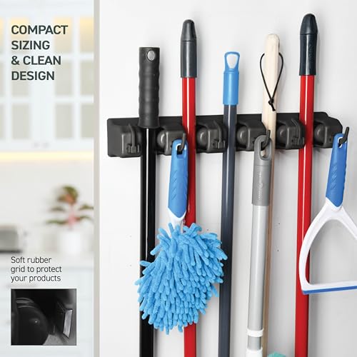 2 Pack Mop and Broom Holder Wall Mount - Garage Storage Organizer with 5 Slots, 6 Hooks, 7.5lbs Capacity Per Slot - Home, Kitchen, Closet, Laundry Room Organization – Black Broom Hanger - color: Black, size: 2 Pack 5-position, 6-Hooks
