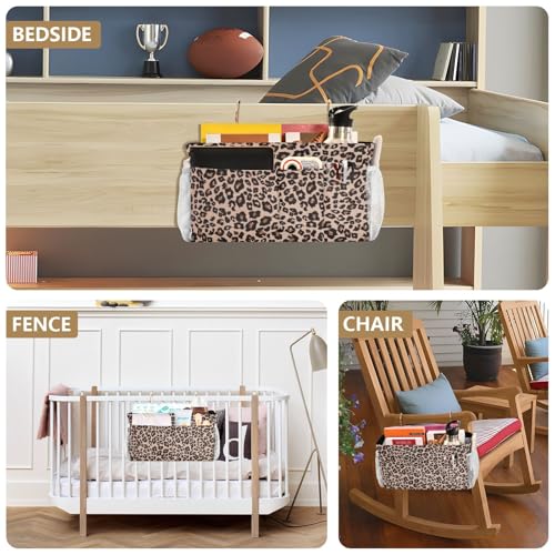 Bedside Caddy Hanging Bunk Bed Caddy Bed Organizer Hanging Pocket with 2 Hooks Bedside Storage Organizer Pocket Bag Holder Leopard Print Brown - color: Leopard Print Brown