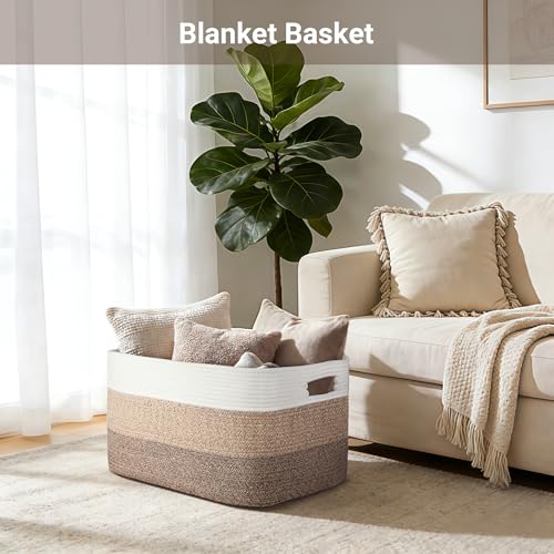 75L Large Woven Storage Basket, Cotton Rope Laundry Hamper with Handles, 22”x17”x12” Rectangle Blanket Basket for Toys, Clothes, Pillows, Nursery and Living Room, Gradient Brown/White - color: Gradient Brown/White