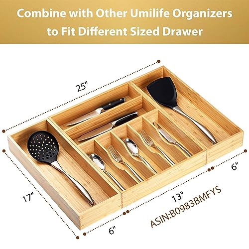 Umilife Bamboo Kitchen Utensils Organizer, Extra Long High Silverware Drawer Holder, Flatware Cutlery Storage Box, Multi-Use Drawer Divider in Office, Bathroom, Pantry - 17"x6"x2.5" (Set of 2) - size: 17 x 6 x 2.5" (Standard, Set of 2)