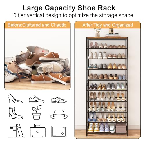 HOMEFORT 10 Tiers Shoe Rack Organizer,30" Shoe Storage Shelf for Closet, Shoe Rack for Entryway,Holds 36-40 Pairs of Shoe, Tall Shoe Stand with Metal Shelves and MDF Top Board,Rustic Brown - color: Rustic Brown, size: 10-Tier (11.8"D x 30"W x 70.47"H)