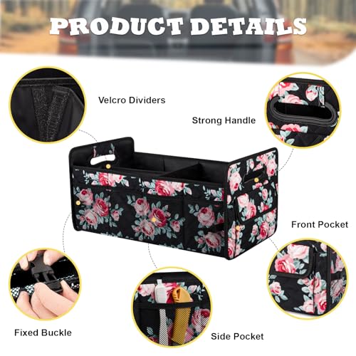JiatuA Car Trunk Organizers and Storage Collapsible Multi Compartment Container Box, Adjustable Car Accessories for SUV Sedan Truck, Standard Size, Black Floral - color: Black Floral, size: Standard