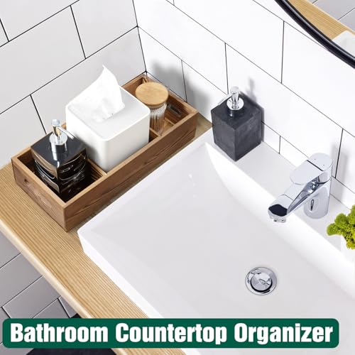 14 Inch Wood Bathroom Basket with Removable Dividers - 3 Comparments Wooden Toilet Paper Basket with Handle for Back of Toilet Tank Topper - Storage Organizer for Bathroom Kitchen Pantry Organization - color: Brown