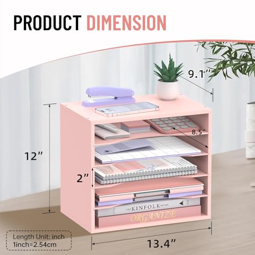 5-Tier Wood Desk Organizer, Paper Tray Organizer for Desk with Adjustable Storage Shelves, Desktop File Organization Paper Sorter Mail Holder for Office Home Classroom, Pink - color: Pink, size: 5 Tier