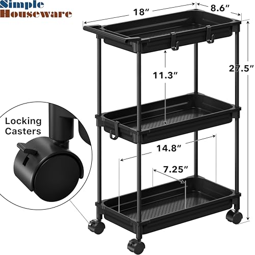 SimpleHouseware Standard 3-Tier Slim Rolling Storage Cart, Black - color: Black