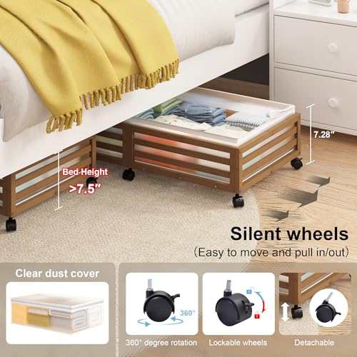 Under Bed Storage Containers With Wheels - 2 Pcs Large Bamboo Wood Rolling Underbed Shoe Storage Bins With Dust Bags for Clothes Blankets, Duvet Covers Snacks Toys (Walnut) - color: Brown, size: L