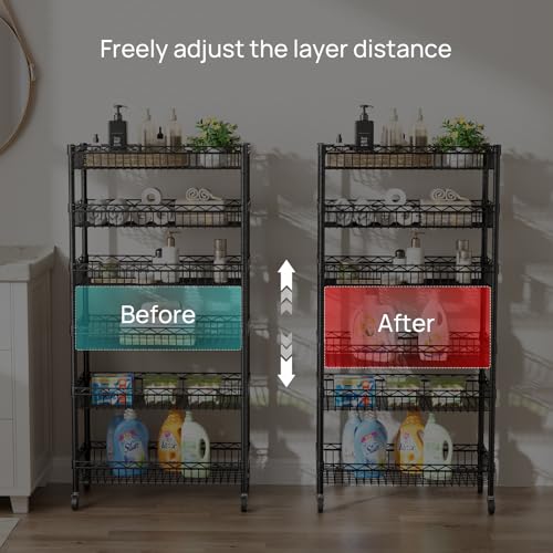 SINGAYE Shelf Closet Wire Shelving：Adjustable Metal Unit for Laundry Room Organization Bathroom Kitchen Home Storage with Wheels Pantry Rack Shelves - color: Black, size: 6Tier-13.45"Dx30"Wx65"H