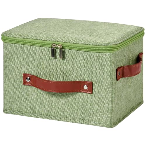 Storage Bin Box with Zippered Lid Cotton Linen Fabric Decorative Basket PU Leather Handles PP Plastic Board Foldable Lidded Clothing Shelf Closet Organizer Container (Light Green, Small) - color: Light Green, size: Small ( Pack of 1 )