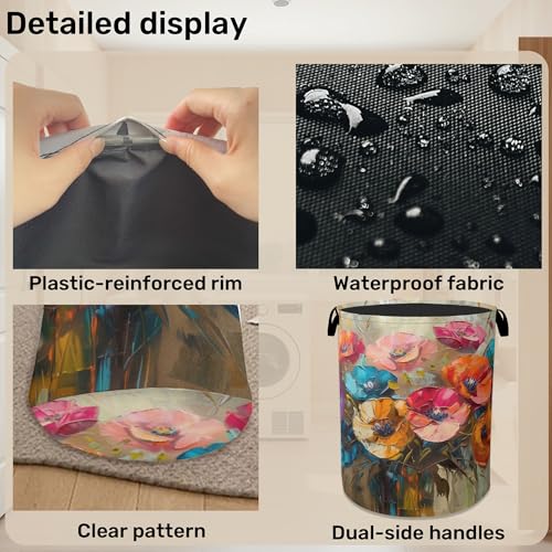 Modern Floral Oil Painting Laundry Basket - Heavy Duty 60L Dirty Clothes Organizer, Water Resistant Foldable Hamper for Men Women - color: Modern Floral Oil Painting