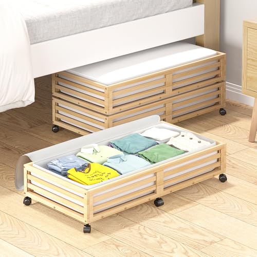 Wisuce Bamboo Under Bed Storage Containers- Underbed Organizer with Wheels with Dust Bag,Sturdy Wood Rolling Under the Bed Shoe Storage Organizer Drawers (Nature, 2 Pack (33.07"×16.54")) - color: Nature, size: 2 Pack (33.07"×16.54")