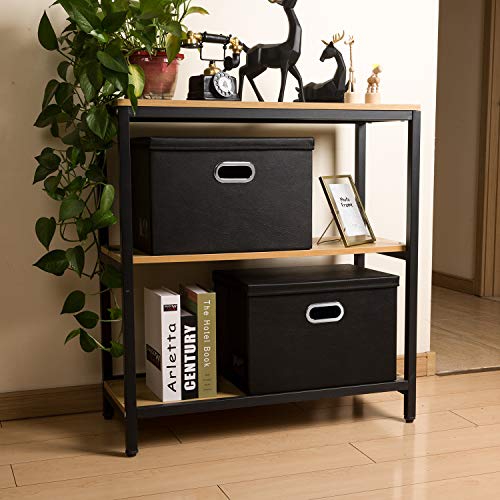 PRANDOM Large Collapsible Storage Bin with Lid [1-Pack] Leather Fabric Foldable Storage Box Organizer Containes Basket Cube with Cover for Home Bedroom Closet Office Nursery Black (17.7x11.8x11.8) - color: Black, size: Large(1-Pack)