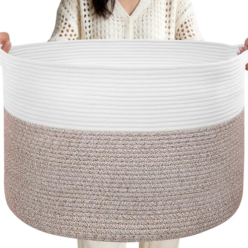 XXXL Large Laundry Basket, 105L Soft Cotton Rope Basket, Blanket Storage and Organizers, Baby Nursery Laundry Hamper, Extra Large Toys Storage Bins for Kids 23.6'' x 14.6'', White & Brown - color: Brown & White, size: 105L