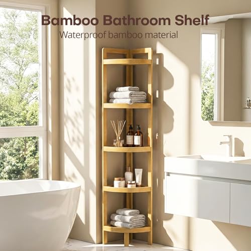 2026 New Bamboo Standing Shelf, 5 Tier Corner Shelf Stand, Free-Standing Shelf Units, Triangular Curved Corner Shelf Stand for Space-Saaving Display Ideal for Bathroom/Kitchen/Living Room Storage - size: 5-Tier