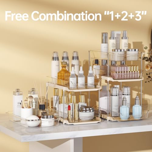 Delamu 2 Pack 3-Tier Bathroom Under Sink Organizers and Storage, Multi-Purpose Stackable Pantry Organization and Storage, Pull Out Clear Kitchen Bathroom Cabinet Organizer with Movable Dividers, Beige - color: Beige, size: 2 Pack 3-Tier