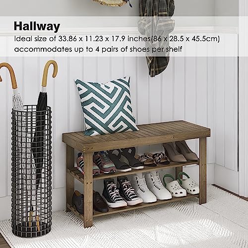 SMIBUY Bamboo Shoe Rack Bench, 3-Tier Shoe Organizer Storage Shelf for Entryway Hallway Bathroom Living Room (Walnut) - color: Walnut