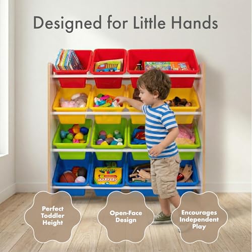 Humble Crew Toy Storage Organizer with 12 Removable Storage Bins for Kids Playroom, 4-Tier Toddler Toy Organization, White/Primary - color: White/Primary