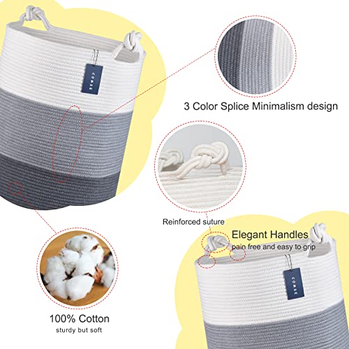 COMSE Laundry Hamper, Extra Large 15.7"x 21.7", Cotton Rope Basket, Portable, White & Light Gray & Dark Gray - color: White & Light Gray & Dark Gray