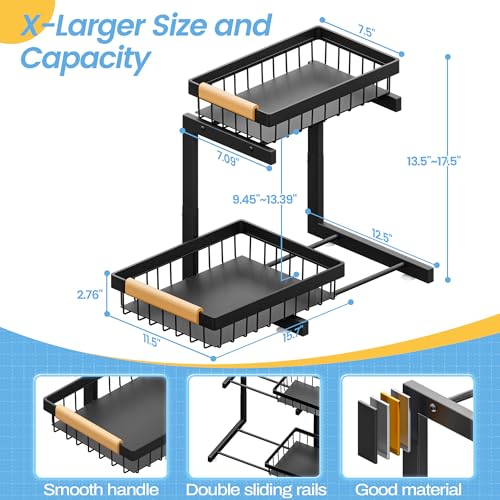 ADBIU Under Sink Organizer XL Size, 2 Packs 2 Tier Expandable Height (13.5" - 17.5") Under-Sink Organizers Slide out Pull out Bathroom Kitchen Organizers And Storage - color: Black, size: X-Large