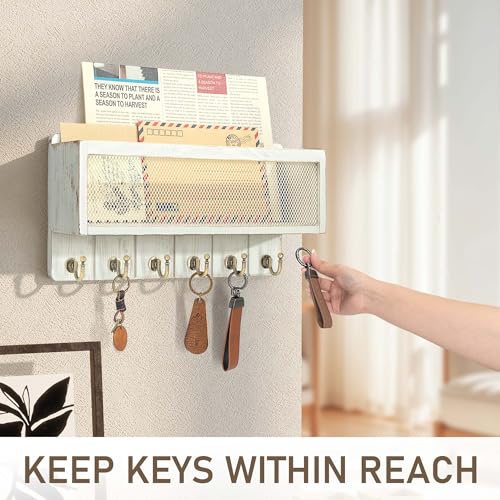 Rebee Vision Pine Wooden Key Holder Wall Mount with Mail Organizer Basket – Rustic Farmhouse Wall Decor for Living Room – Vintage Key Rack & Storage Organizer for Home Essentials (Whitewash) - color: Whitewash