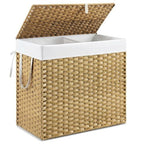 DUMOS Wicker Laundry Basket with Lid, 110L Woven Laundry Hamper with Handles, Foldable Rattan Clothes Hamper with Removable Liner & Sturdy Steel Frame, Goose Yellow - color: Goose Yellow, size: 110L
