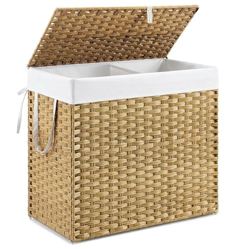 DUMOS Wicker Laundry Basket with Lid, 110L Woven Laundry Hamper with Handles, Foldable Rattan Clothes Hamper with Removable Liner & Sturdy Steel Frame, Goose Yellow - color: Goose Yellow, size: 110L