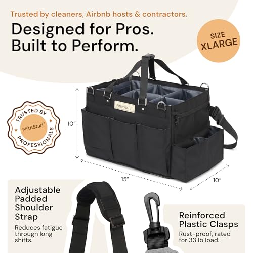 FifthStart Cleaning Supplies Organizer Tote & Caddy - X-Large, Black Nylon - Adjustable Straps for Cleaning Tote - 9 Pockets & Dividers in Organizer Bag - Durable Nylon Construction for Diaper Caddy - color: Black, size: X-Large