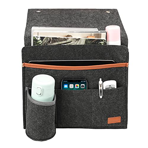 Surblue Bedside Caddy Felt Bedside Storage Organizer with Water Bottle Holder for TV Remote Control Phone Glasses Magazine 7 Pockets(Dark Grey) - color: Darkgrey