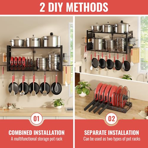 31 Inch Pot Rack Wall Mounted，3 in 1 Pots and Pans Organizer with 2 tier Kitchen Racks & Pot Lid Organizer Holder and 20 Hooks,Heavy Duty Hanging Pot Hanger for Kitchen Cookware, Utensils, Black - style: with Pot Lid Holder