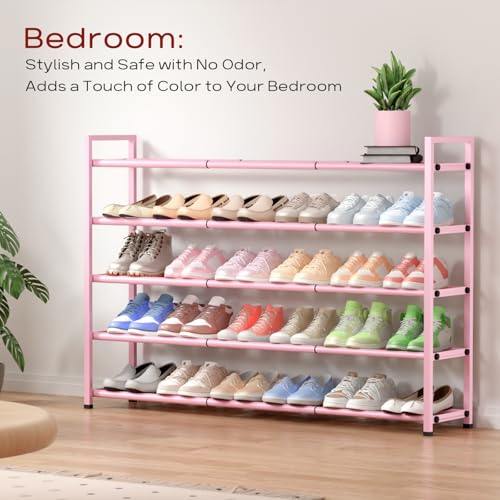 Bumusty 5-Tier Long Expandable Shoe Rack for Closet, 18"-44" Adjustable Shoe Rack for Entryway, 25-30 Pairs Large Shoe Organizer Shelf Storage, Sturdy Metal, Pink - color: Pink, size: 5-Tier