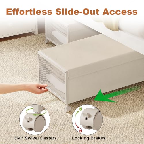 2 Pack Under the Bed Storage Containers,12 inch Height Under Bed Shoe Storage,31inch Long Underbed Storage with Wheels,Large Rolling under bed Clothes Storage Drawers with Lid for Dorm Tall,Ivory - color: Ivory, size: 2PC (31"Lx17"Wx12"H)