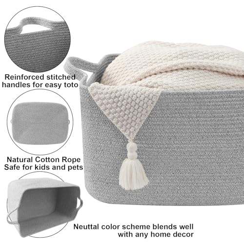 Large Blanket Basket,Woven Rope Basket Storage Bin with Handles,65L Rectangle Laundry Basket for Magazines,Toys,Clothes,Newspaper Shelf Organization,Nursery and Living Room,Grey - color: Grey, size: 21"x16"x12"(65L)