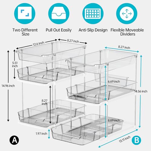 Delamu 2 Pack 3-Tier Bathroom Under Sink Organizers and Storage, Multi-Purpose Stackable Pantry Organization and Storage, Pull Out Clear Kitchen Bathroom Cabinet Organizer with Movable Dividers, Grey - color: Grey, size: 2 Pack 3-Tier