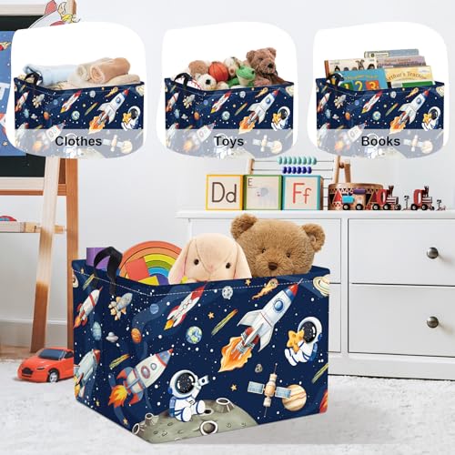Space Rockets Laundry Hamper Cartoon Astronaut Large Storage Basket Planet Collapsible Parents Organizer Boys Clothes Toy Bins for Bedroom, Bathroom, Blue, 36L - color: Blue, size: 36L