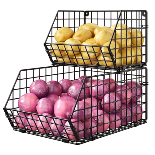 X-cosrack Stackable Wire Baskets for Counter, Fruit and Vegetable Storage, Potato and Onion Storage Bin，Kitchen Pantry Organizer - Wall Basket for Produce/Snack/Can, Large, Black - size: Large