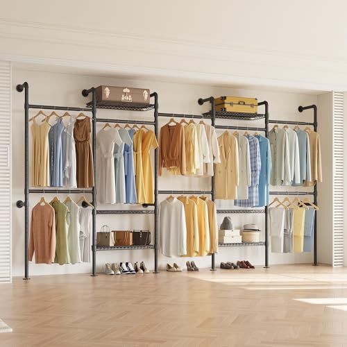 Higeego W5 Industrial Clothes Rack, Clothing Rack for Hanging Clothes, Heavy Duty Wall Mounted Closet System Black Expandable Garment Racks, Sturdy Steel Pipe Wardrobe Closet, 1300LBS Load 9' to 12'9" - color: Black