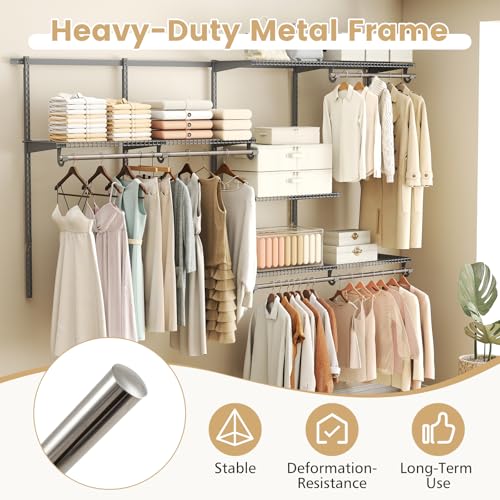Giantex Closet Organizer System, 4-8 FT Wall-Mounted Closet Shelves and Rod, Adjustable Closet Organization w/ Hanging Rod, DIY Expandable Modular Metal Wire Shelving for Laundry Bedroom (Grey) - color: Gray, size: 96"x14"x47.5"